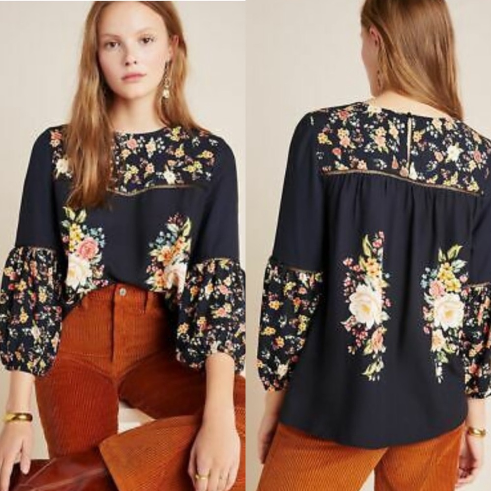 FARM Rio Navy Floral Puff-Sleeve Blouse